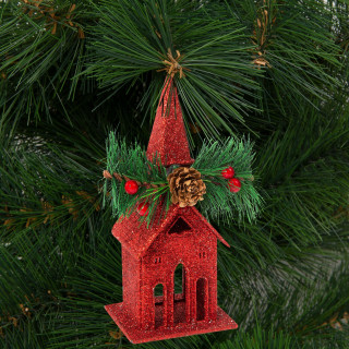 Ornament de brad cu agatatoare - biserica - 16 x 6.5 cm - rosie ǀ 58677A